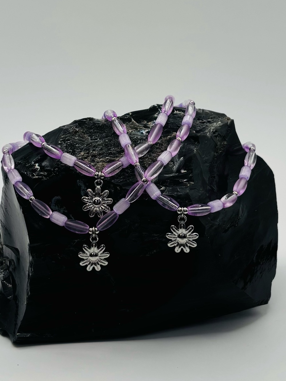 *ANKLET* S. Steel Silver Flower with Purple Cat’s Eye Crystal Stretchy Anklet